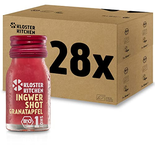 Kloster Kitchen Bio Gingembre Shot Grenade 1SHOT 28 x 30 ml avec des morceaux de gingembre | Shot de gingembre végétalien en bouteille en verre | Sans additifs & avec douceur naturelle