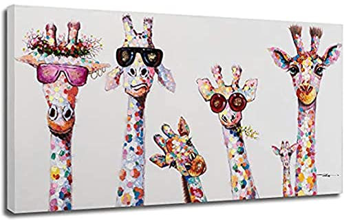 Moderne übergroße Wandkunst für Wohnzimmer Bunte Tier Giraffe Eine Familie Mit Brille Malerei Leinwand Bild Gemälde 70x142cm (28x56in) Mit Rahmen