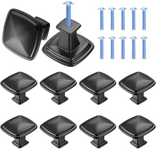 Pomo de Armario Cuadrado, Negro Pomos y Tiradores de Muebles, Tirador Pomos para Cajón, Pomos Solo Agujero para Puertas, Armarios de Cocina, Cajones - 1,2 Pulgadas/30 mm, 10 Piezas