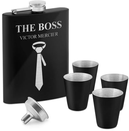 Maverton Flasque en Acier Inoxydable pour lui | Avec gravure, Set avec 4 verres à shot en acier, Pour hommes, Flacon personnalisé pour anniversaire, The boss