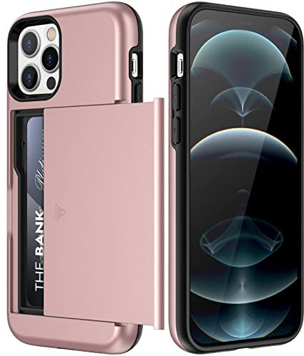 JETech Wallet Case for iPhone 12 Pro Max 6.7-Inch with Card Holder, Dual Layer Shockproof Protective Phone Cover, Sliding Hidden Slot (Rose Gold)
