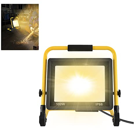 YARDIN Baustrahler LED Baustellen Flutlicht Arbeitsscheinwerfer Baustellenlampe Tragbare Arbeitsleuchte inkl. Standgestell und Netzkabel Wasserdicht IP66 für Garage, Garten, Baustelle (100W Warmweiß)