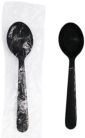 Party Essentials Individually Wrapped Black Plastic Utensil Sets/Heavy Duty Flatware Packs, Soup Spoon, 100 Sets