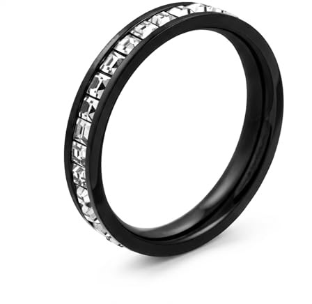 meditoys Edelstahlring mit funkelnden Kristallsteinen, 4 mm breiter Damenring, poliert, aus Edelstahl, Farbe: Schwarz, robust und kratzfest