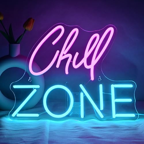 Chill Zone Neon Sign LED Light Up Sign for Lounge Game Room Bar Man Cave Bedroom Wall Art Decor USB Powered Led Neon Sign 15.35 x 12.6 (Pink+Ice Blue)