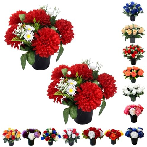 Caliko Set of 2 Grave Flower Pots with Improved Design | Artificial Flowers for Graves in Pots | Chrysanthemum Red Daisies Perfect for Cemetery Decor, Christmas Tributes & Memorial Elegance.