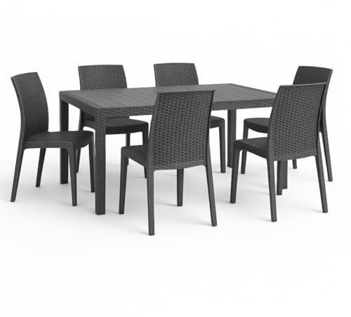 Tomaino - Set Tavolo e 6 Sedie Da Giardino Impilabili In Plastica - Sedia e Tavolo Per Esterno Set Da Pranzo 6 Posti Polipropilene Effetto Rattan - 150x90x74h cm - Per balcone, terrazzo (nero)