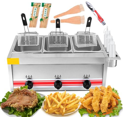 Friteuse Traditionnelle, Friteuse À Gaz Professionnelle, Friteuse Commerciale À Triple Cylindre Avec Support À Condiments Et Bouteilles De Sauce, Adaptée Au Poulet Frit