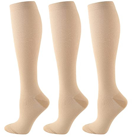 HYCOPROT 3 Paar Kompressionsstrümpfe für Damen und Herren, Kompressionssocken Stützstrümpfe 15-20 mmHg laufstrümpfe kompression für Fitness, Flug, Sport, Laufen, Radsport, Reise (Beige, S-M)