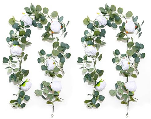 BESTORI Guirnalda Artificial de Eucalipto con Flores 2Pcs Plantas Hiedra Enredaderas Artificial para Decoración de Arco Fondo Boda Blanco
