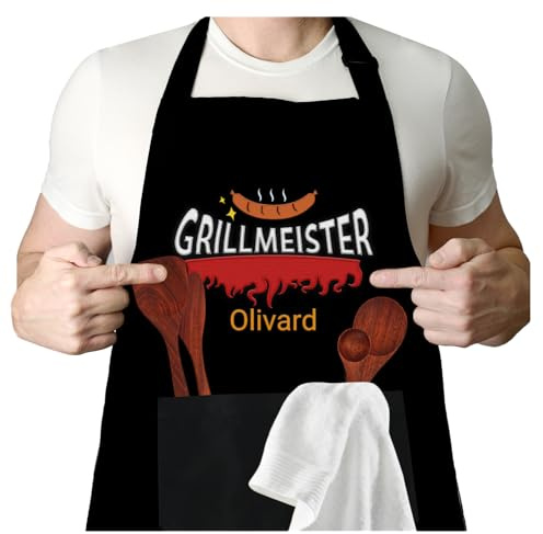 NGTSFLY Kochschürze - Personalisierte Schürze Grillschürze mit Ihrem Wunsch-Namen und Wunsch Motiv - Wasserdicht Schürze mit 2 Taschen - Küchenschürze für Männer Damen Geschenk