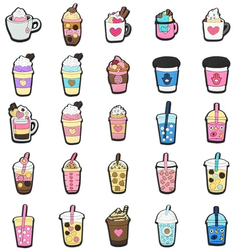 UR URLIFEHALL 50 vasos de 25 estilos de vasos de plástico PVC con parte trasera plana, lindas cuentas de té con leche de burbujas, sin agujeros, para manualidades, pinzas para el pelo, decoración de
