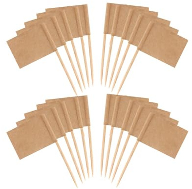 Yuannee Drapeaux de Cure-Dents Vierges,100 PCS Drapeau des Cure-Dents Mini Étiquettes Pic Apero Reutilisable Cure Dent Bois Drapeau en Papier Kraft Étiquettes Amusante pour Buffets Apéritifs