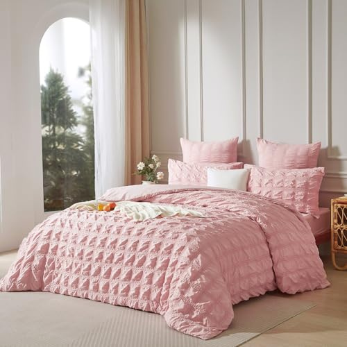 Luofanfei Seersucker Housse de Couette Rose 220x240 a Carreaux Rayés Unie Parure de Lit 2 Personnes Adulte Linge de Lit en Microfibre Uni Parure Housse Couette zippée avec 2 Taies d'oreiller 65x65