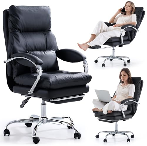 LEAGOO Home Office Desk Chairs with Foot Rest, Fully Reclining Ergonomic Executive Office Chair with Armrests, High Back PU Leather Comfy Swivel Computer Chair with Wheels and Lumbar Support, Black