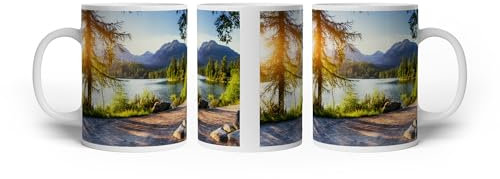 deyoli Taza con diseño de sol besando al lago de montaña en la mañana tranquila, 300 ml, de cerámica blanca/taza de café/idea de regalo