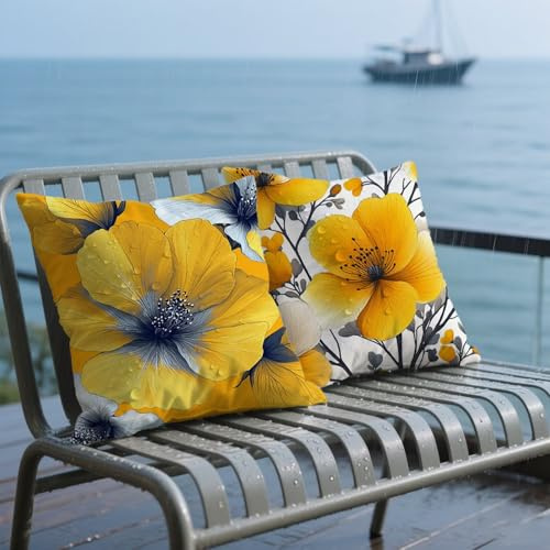 Gelb Kissenbezug 45x45 cm 2 Stück, Outdoor Kissen Wetterfest Balkon Deko Sofakissen, Leinen Sitzkissen Outdoor Kopfkissenbezug, Sofakissen Kissenhülle Deko Garten, Geschenk für Frauen, Blume K-3626