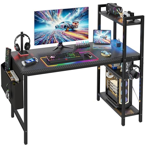 BEXEVUE Gaming Desk 100 cm with Power Outlet and LED Light, Computer Desk with Shelves, Small PC Desk for Home Office Table with Bag, Carbon Fiber Black
