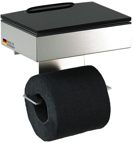 Toilettenpapierhalter mit Feuchttücherbox - Gehäuse Matt & Abdeckung Glas Schwarz- befüllbar von Links - Wandhalterung 2-in-1, Feuchttuchbox & Klopapierhalter aus Edelstahl, Made in Germany