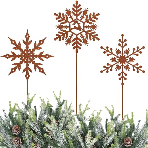 3 Schneeflocken Gartenstecker Weihnachten deko Draußen Rost Weihnachtsdeko Garten Weihnachtsstecker Winterdeko Outdoor Metall Blumenstecker Roststecker Weihnachts deko Advent Gartendeko Wetterfest