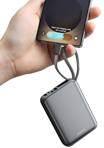 Eazpower Powerbank 45W Schnellladefunktion 20,000mAh mit USB-C Kabel integriert, Externe Handyakkus Leicht Klein Aber Stark für iPhone 17/16 /15 Pro, Samsung S25 Ultra, Xiaomi - Raummetallsilber
