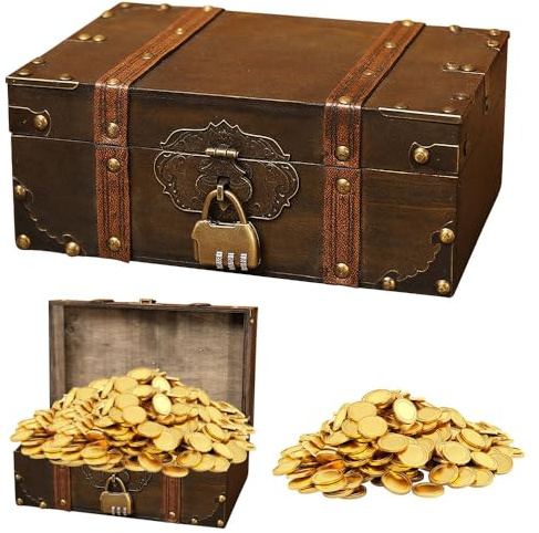 Mineup Scrigno Del Tesoro Vintage, Cassetta Legno Scrigno Del Tesoro, Vintage Cassaforte In Legno con Lucchetto, Forziere Del Tesor, Scatola in Legn per Stoccaggio e Deco(24x17x10cm)