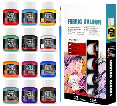 Pintura Textil Permanente 12 Colores x 25ml Pintura Acrílica,por Ropa Resistentes En Lavadora,No Tóxico Pintura Textil para Pintar Ropa, Zapatillas, Camisetas, Vaqueros y Cualquier Tejido