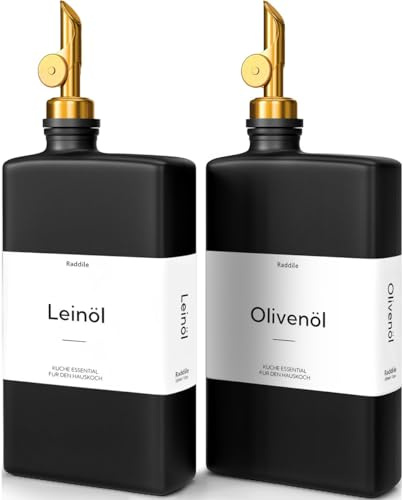 2 Stück Ölflasche, Essig und Ölflaschen Set mit ausgießer, Olivenöl Flasche mit 40 Aufkleber, Trichter, 350ml Glas Ölspender für Kochen, Salat und Grillen (Schwarz Flasche + Golden Pumpe, 350ml)