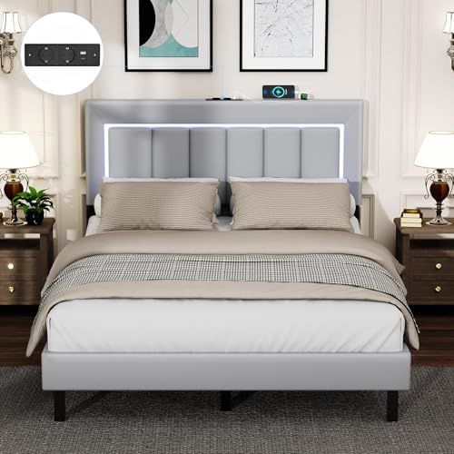 Oyajia Polsterbett 140 X 200 cm, 1 USB-Anschluss + 1 USB-C-Anschluss, Graue Nachttischlampe Bettgestell Bed Frame Bett Gestell Schlafzimmer Set Jugendbetten Bettrahmen