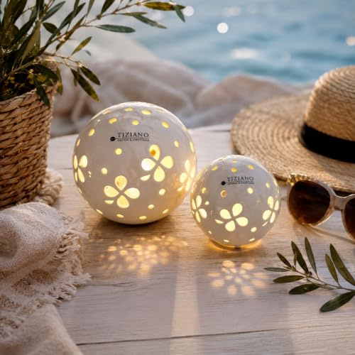Tiziano® Deko Lichtkugeln LED Creme-weiß (8+10 im Bundle) - Hochwertige Keramik mit glänzendem Glücksblattmuster für stimmungsvolle Beleuchtung - Für Wohnzimmer & Fensterbank - Leuchtkugeln