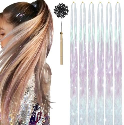 Hontaog 1200 Stück Glitzer Haarsträhnen Kit, 120 cm Hair Tinsel mit Werkzeug für Frauen Mädchen Kinder, Silberweißes Lametta für Haare für Party Hochzeit Cosplay