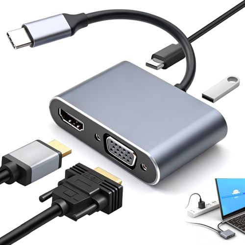 Adaptateur 4 en 1 USB C vers VGA HDMI 4K 1080p Multiport Hub pour ordinateur portable 100 W PD Charge rapide 5 Gbit/s Port de données USB 3.0 pour MacBook Pro/Air Chromebook Pixel Dell XPS HP Samsung