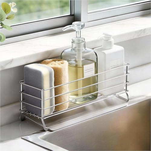 Poywaze Kitchen Sink Caddy Silver - Self-Draining Sponge Holder, Brush Holder, Stainless Steel Sink Tidy Organiser for Countertop Kitchen Storage & Organisation