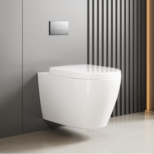 Wall Mounted Toilet - Modern 55.5cm D-Shape Ceramic Hanging Toilet - Includes Soft Close Toilet Seat with Quick Release, Silent Flush, Space-Saving Compact Design for Bathrooms, White