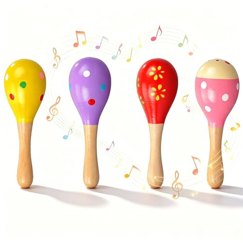 Tyatiyzn 4 Piezas Maracas de madera, Maracas madera pintadas, Sonajero madera percusión, Para juegos de fiesta. (Estilo aleatorio)
