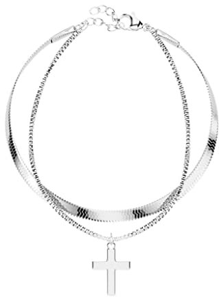 Bungsa Damen-Armband Doppelte Kette mit Kreuz Silber aus 316L Edelstahl