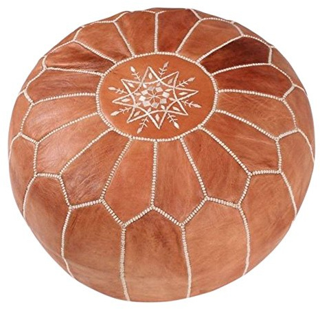 marockanska puffar brun rund ottoman - äkta läder handgjord fotpallskydd, 53 x 53 x 35,5 cm, ljusbrun