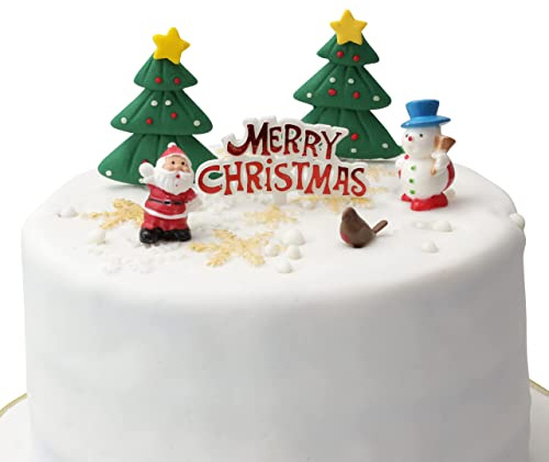 Pack of 6 Christmas Cake Toppers Cupcake Yule Log Decorations Includes Santa Snowman Robin Tree and Merry Christmas Sign Motto