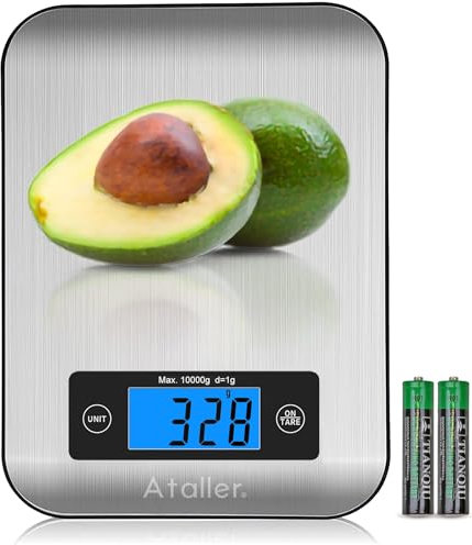 Ataller Básculas de cocina digitales, básculas de alimentos de acero inoxidable 304, básculas de pesaje de alimentos con pantalla LCD grande, precisión increíble de hasta 1 g (peso máximo de 10 kg)