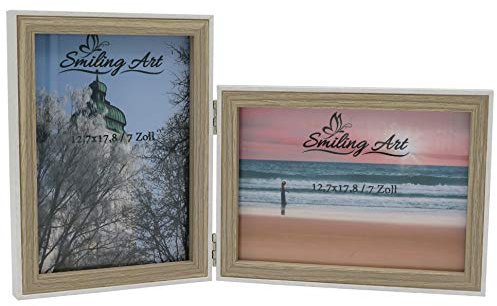 Smiling Art Cadre photo, en bois MDF, pour 2 photos, pliable, avec vitre, cadre double en format paysage et portrait, blanc et beige, 2 x 13 x 18 cm