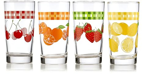 Libbey Vintage Juice Drinking Glasses Set of 4, Colorful, Retro Fruit Design Glass Cups Set, Dishwasher Safe Water Glasses Set for Everyday Beverages