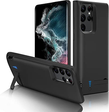 Gladgogo Akku Hülle für Samsung Galaxy S22 Ultra(5000mAh 6.8Zoll), Akkuhülle mit Ständer und hoher Kapazität,Schnellladbarer Akku mit USB-C, Tragbares Batterieladegerät Hülle Ladehülle Akku, Schwarz
