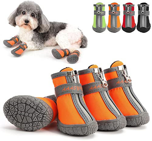 Zunea Pfotenschutz Hundestiefel für Kleine Hunde Wasserdicht rutschfest Welpenschuhe Verstellbar Reflektierend Haustierstiefel Weiche Chihuahua Pfotenschütz Schuhe für Spazierengehen Orange 1#