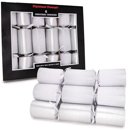 Christmas Concepts® 6 Large Luxury Glitter Decorated Christmas Crackers – Hats, Mottos, Snaps & Novelty Gift Included – 2 Designs Available (Silver & White)