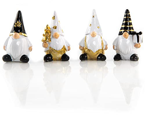 Wichtel-Figuren, 4er Set: Kleine Weihnachtswichtel Deko, Dekofiguren Weihnachten, Weihnachtsdeko Innen, Weihnachtsfiguren Klein, Weihnachtsmann Modern, Schwarz, Weiß & Gold, Winterfiguren Lustig, 4 cm