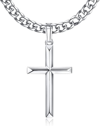 KRFY Pendentif Croix Argent Sterling 925 avec Chaîne à Maillons Cubains Acier Inoxydable Taille Diamant Collier Miami Plaqué Or Blanc 18K Poli Bord Biseauté Pendentif Croix Collier Homme Femme 46-76CM