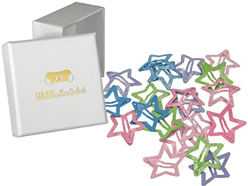 Haarallerliebst Haarspangen klein für Kinder – 20 Stück Stern förmig mit Glitzer in bunt (3 cm) inkl. Aufbewahrungsbox weiss – Ideal für dünnes, feines Haar