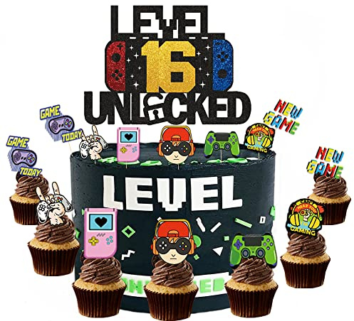 ZELAITE level 16 unlockedKuchen Dekorationen, 16th Geburtstag Kuchen Deko Cake Topper Happy Birthday,Videospiel Cupcake Topper, Tortendeko Geburtstag für Junge (f)