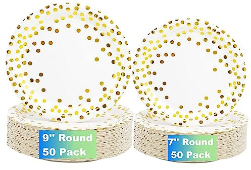 CEILIWEN Piatti di carta bianchi e dorati, piatti di carta da 50 x 9 per cena e piatti di carta da 50 x 7 per dessert, set di piatti usa e getta, accessori per decorazioni feste, confezione da 100