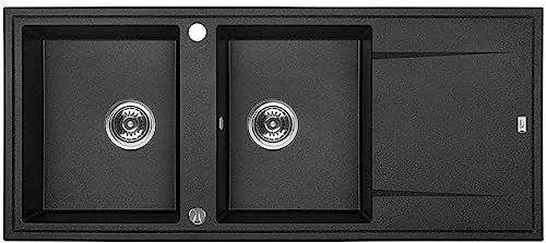 KOLMAN Granitspüle 50x116 Megalo Spülbecken Doppelbecken mit langer Abtropffläche, Space Saving Siphon (Schwarz)